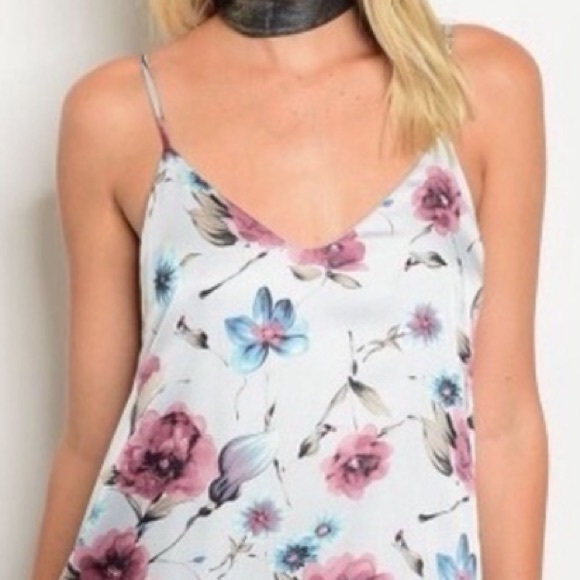 Light gray and blue floral V neck satin dress pockets Large L - Picture 2 of 5